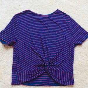 blue and red striped cropped top with a tie